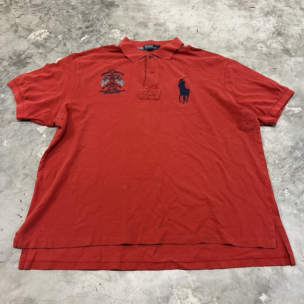 Polo Ralph Lauren Mens Red Blue Big Pony U.S.A Short Sleeve Polo Shirt Size 2XB